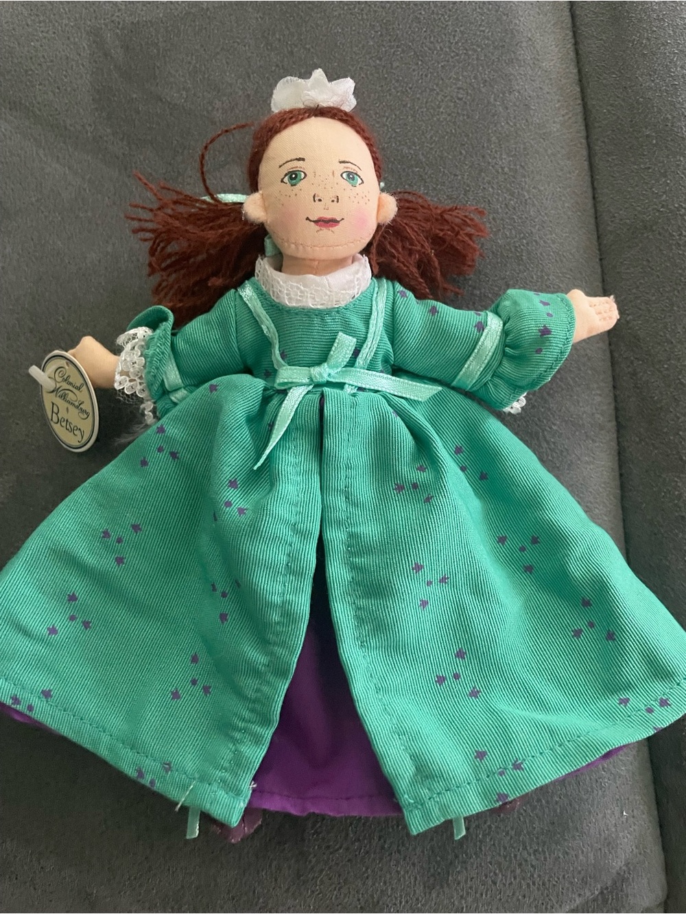 Betsey Rag & Cloth Girl Doll Green Eyes Brown Yarn Hair Green Dress Soft Body